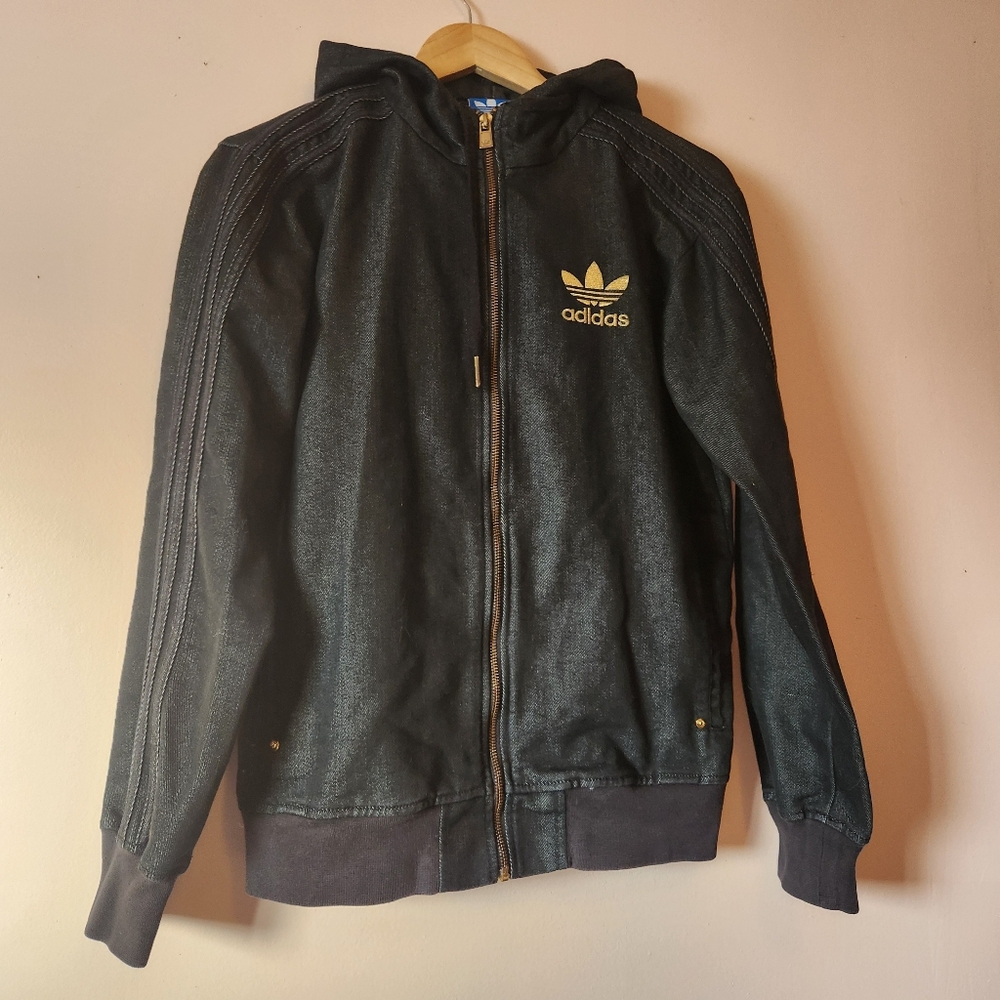 Adidas Originals Denim Firebird Hoodie Jacket Gold Trefoil Dark Wash 2012 Sz S